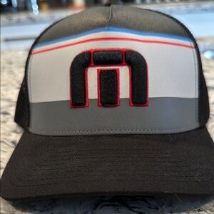 Travis Mathew Men's Black & Gray Trucker Cap with Red Accent Logo